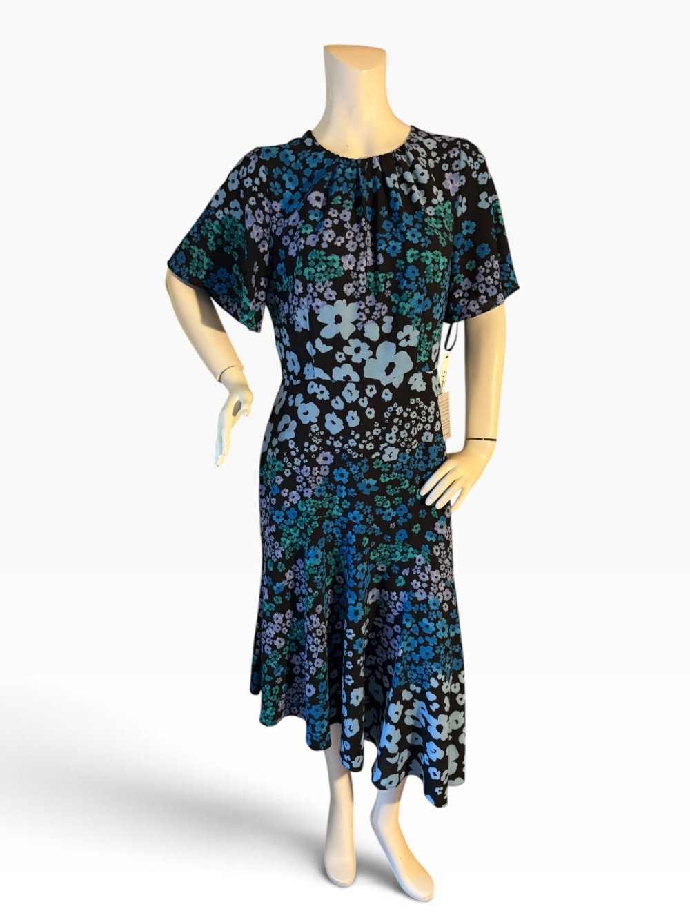 Maggy London Black Midi Asymmetrical Dress w Blue & Purple Floral Print, 8